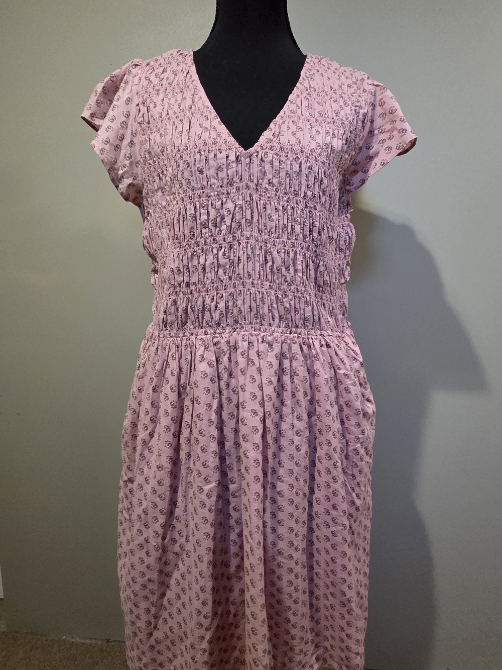 LOFT Pink Smocked V-Neck Midi Dress